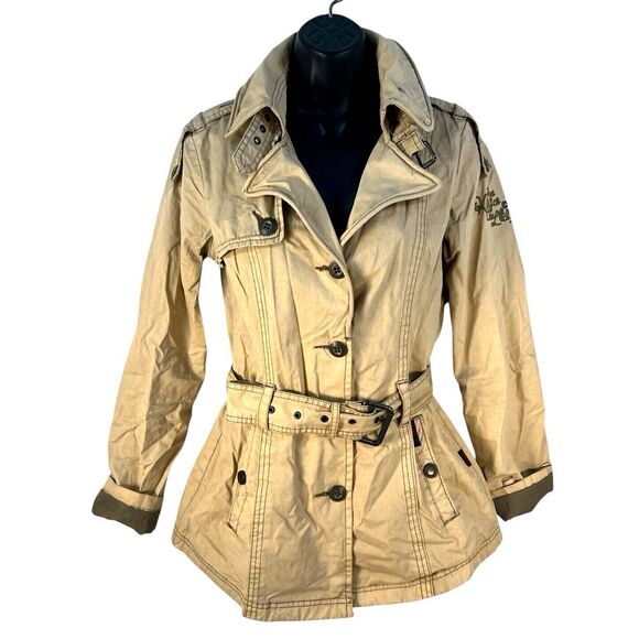 KHUJO womens sz S trench coat khaki beige‎ - Picture 1 of 10